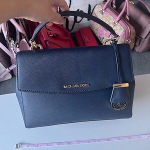 Michael Kors Navy Saffiano Top-Handle Satchel with Gold Hardware